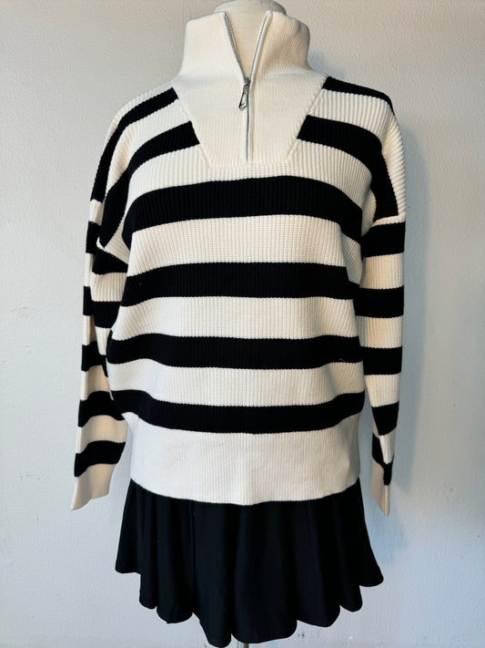 Striped  zip up  mock neck sweater