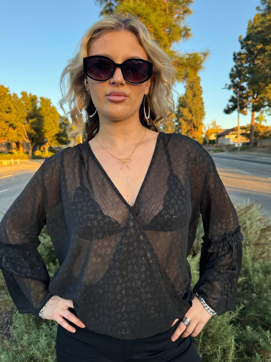 Sheer Gold Bell Sleeve Top